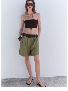 Zara Olive Green High-Waist Pleated Women’s Shorts